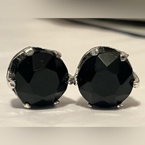 Black Faceted Round Stone Clip-on Earrings in Silver-Tone Setting